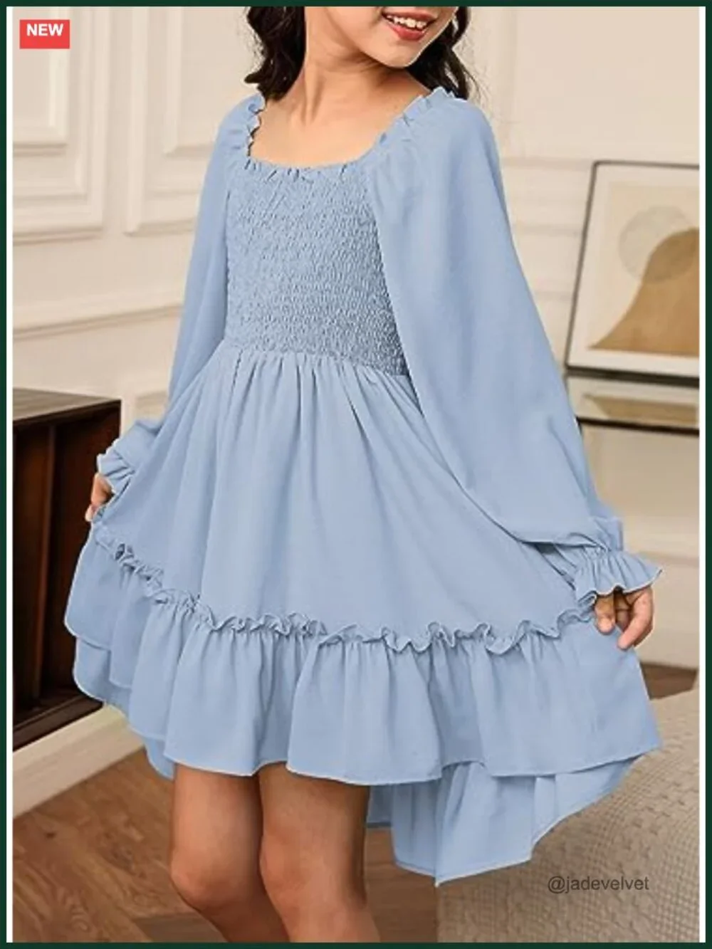 Tween Girls High Low Hem A-Line Dress with Ruffled Long Sleeves